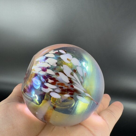Hand Made Art Glass Paperweight Orb Polished Bottom Iridescent Glass Decor VTG - Picture 4 of 15
